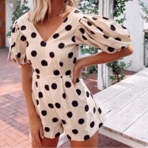 Vestique Neutral Cream Linen-Blend Polka Dot Romper